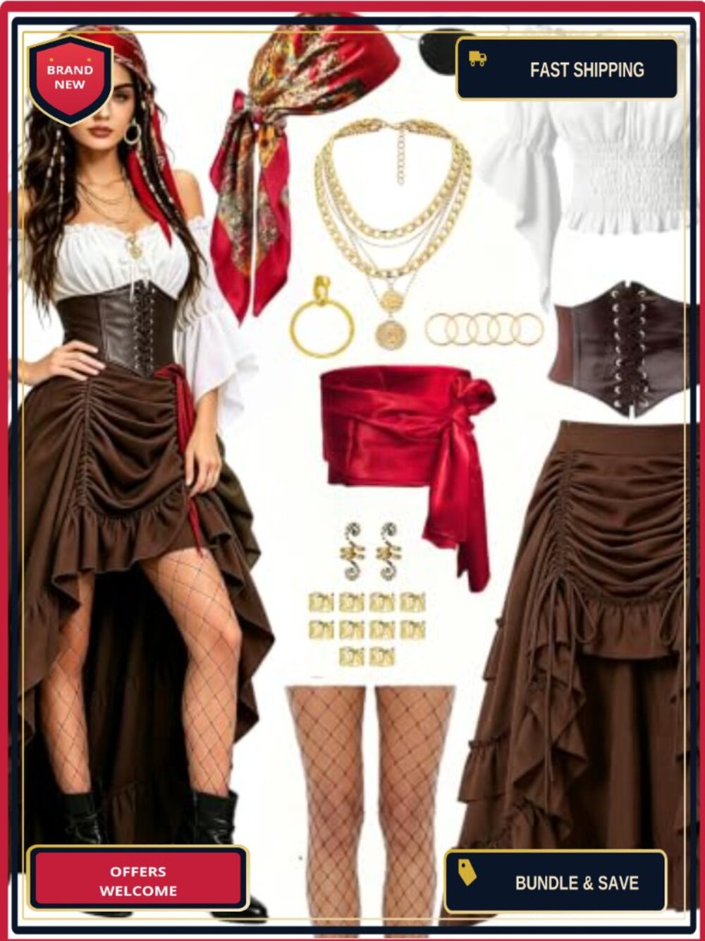 10 PC Pirate Costume Set Off-Shoulder Top Drawstring Skirt Corset Renaissance